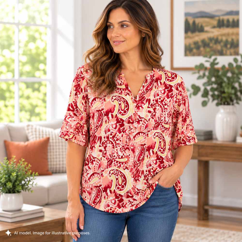 Chicos 3 Shirt Womens XL Red Orange Paisley Studded V 100% Cotton Boxy Knit